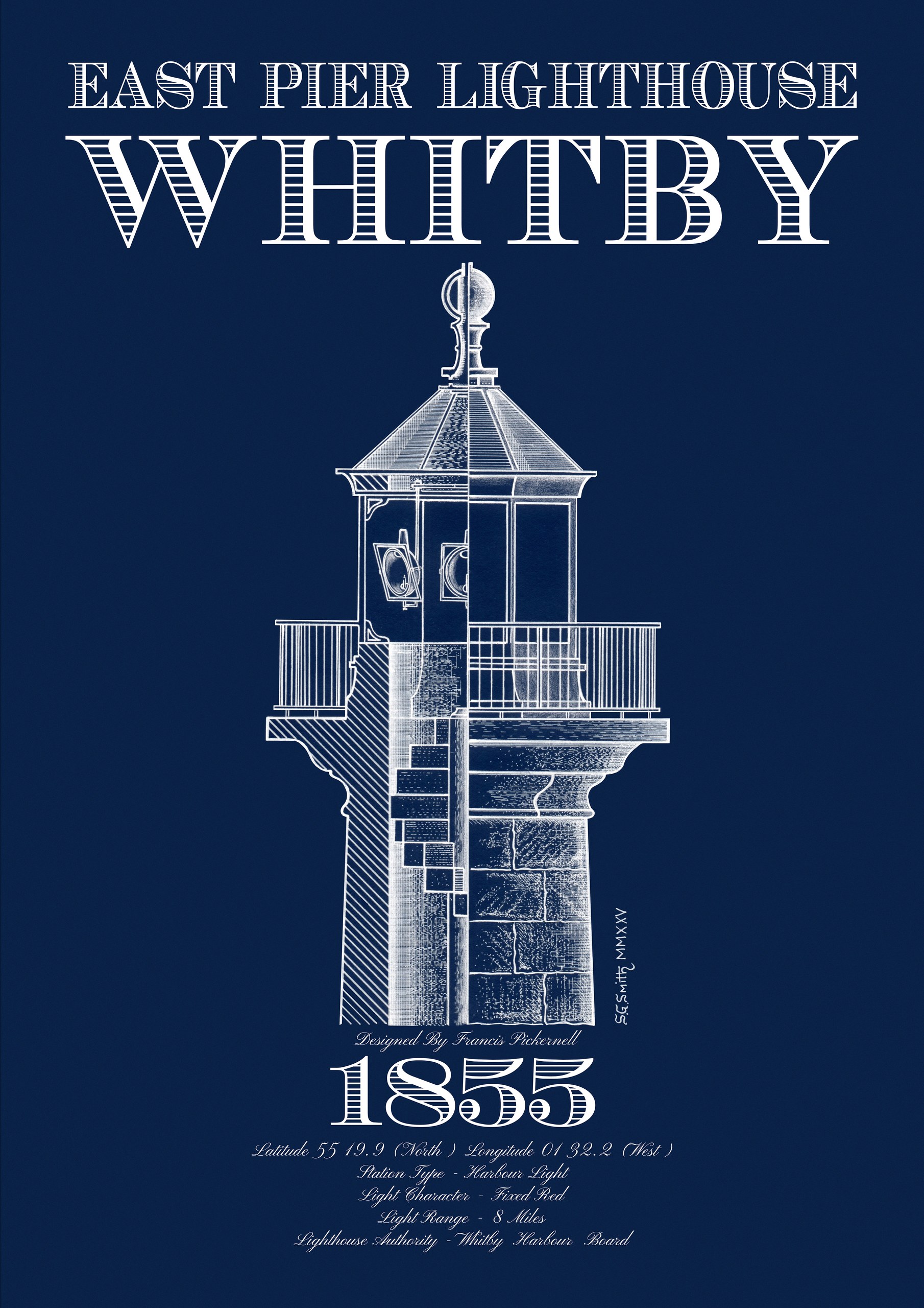 The same East Pier Lighthouse cutaway section, reversed out in white line on a deep navy ground.